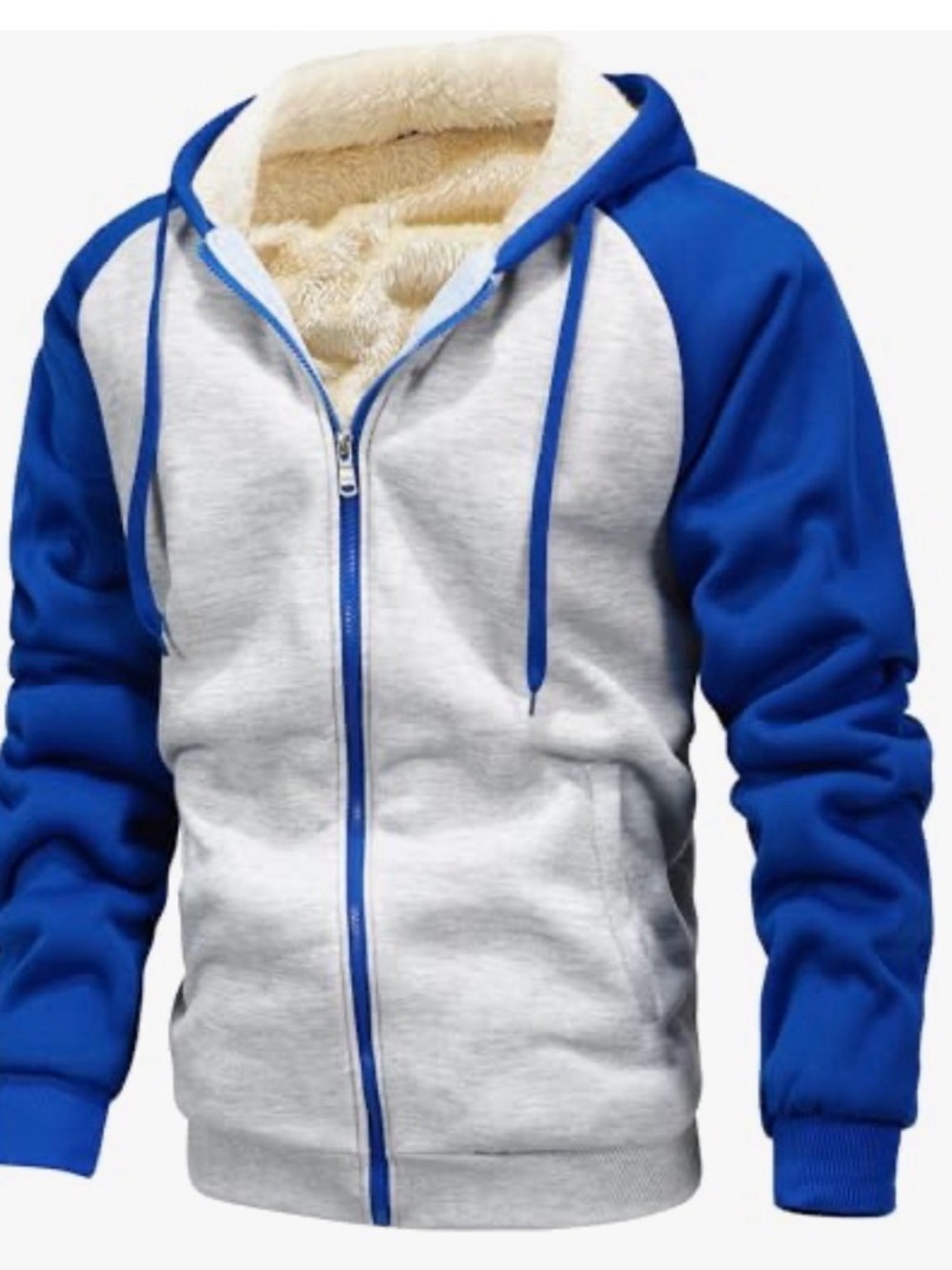Blue and Light Gray Sherpa-Lined Zip Hoodie